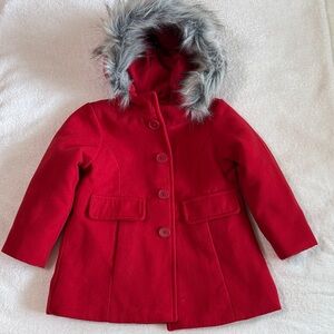 NWOT. Cat & Jack Red Pea Coat with Faux Fur Hood. Size 2T